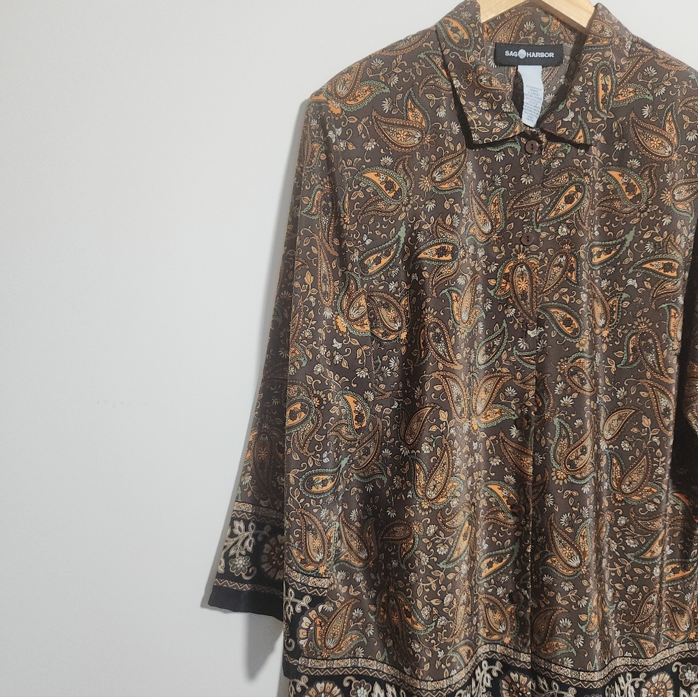 Sag Harbor Button Up Blouse Brown Paisley Border Print Padded Shoulder XL - Picture 2 of 8